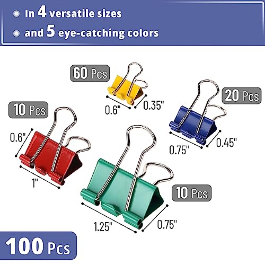 - Metal Binder Clips, 100 pcs, - Binder Clip Assorted avis et prix