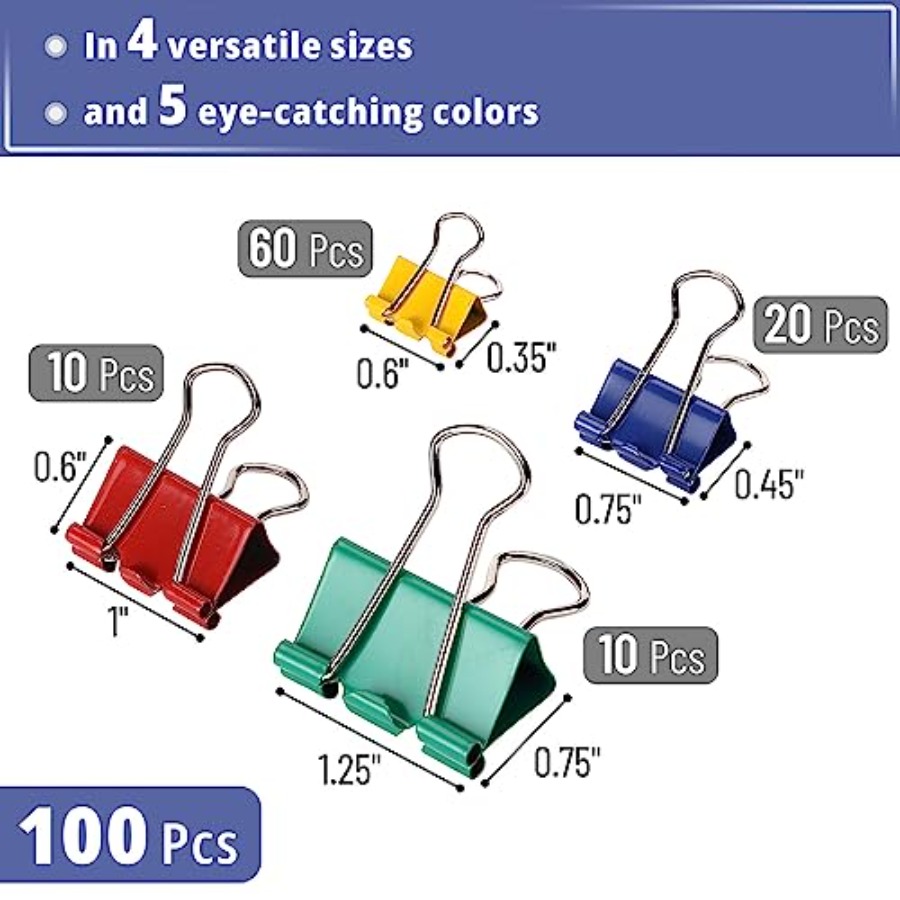 - Metal Binder Clips, 100 pcs, - Binder Clip Assorted avis et prix